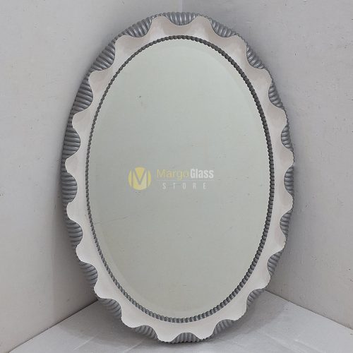Wooden Oval Mirror Silver Carved With White