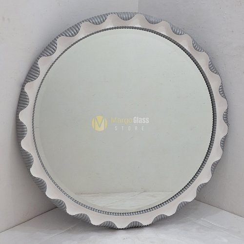 Wooden Round Mirror Silver Carved With White