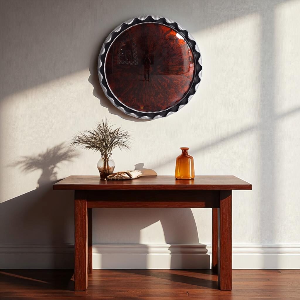 Cermin Convex Red Pigment Frame Wood 110 cm - Image 3