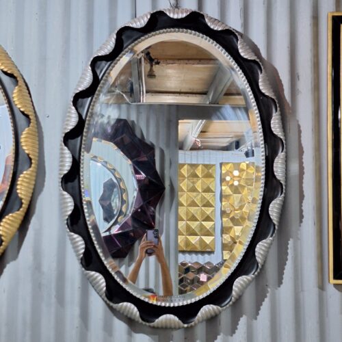 Oval Mirror Wooden  Ukir Silver and Black