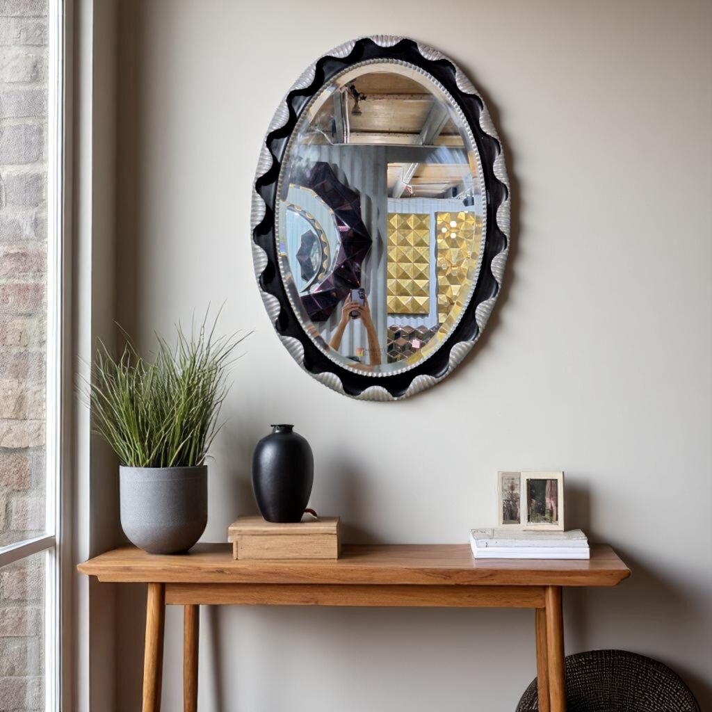 Oval Mirror Wooden  Ukir Silver and Black - Image 2
