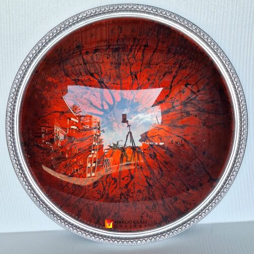 Convex Mirror Red Frame Wood Carved Silver 100cm