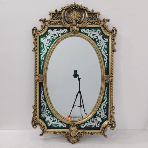 Carved Wooden Mirror Green Pigment 150x90 cm