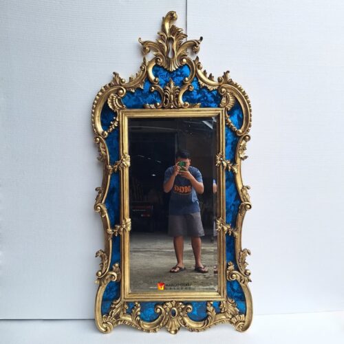 Carved Wooden Mirror Frame Blue 180x90 cm
